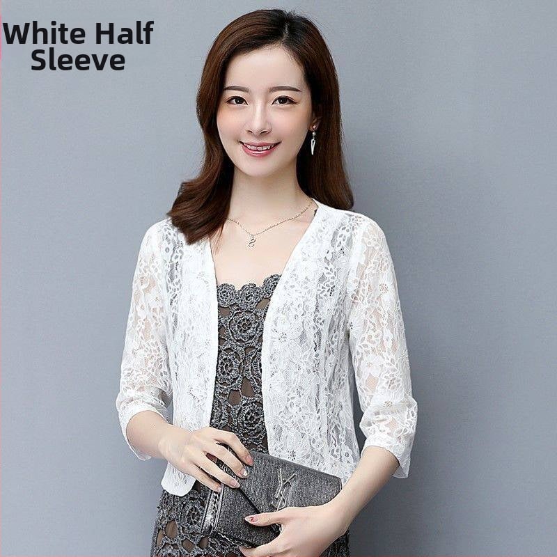 Šalles stilā mežģīņu saules aizsardzības jakete, neilona audums, 95%+ saturs, Upf 40+, garas piedurknes, vasara 2023