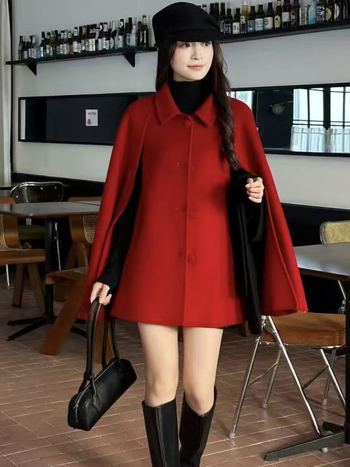 Γυναικείο παλτό μαλλιού με γιακά από γούνα αλεπούς, κάπα-παλτό, μονόχρωμο, 100% μαλλί, μεσαίου μήκους