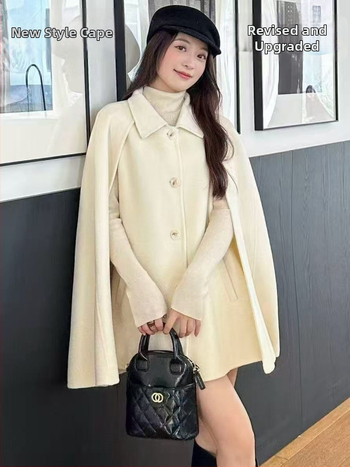 Γυναικείο παλτό μαλλιού με γιακά από γούνα αλεπούς, κάπα-παλτό, μονόχρωμο, 100% μαλλί, μεσαίου μήκους