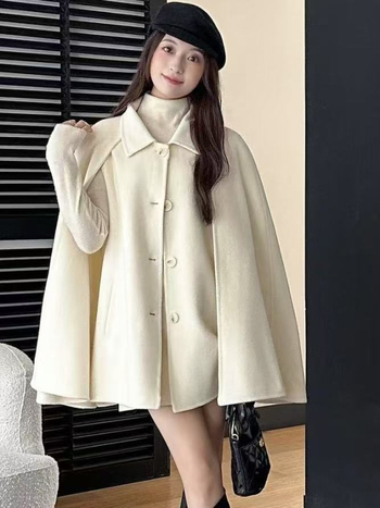 Γυναικείο παλτό μαλλιού με γιακά από γούνα αλεπούς, κάπα-παλτό, μονόχρωμο, 100% μαλλί, μεσαίου μήκους