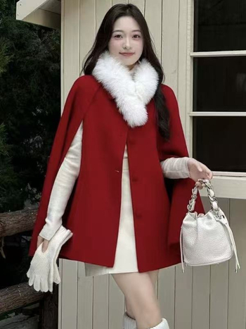 Γυναικείο παλτό μαλλιού με γιακά από γούνα αλεπούς, κάπα-παλτό, μονόχρωμο, 100% μαλλί, μεσαίου μήκους