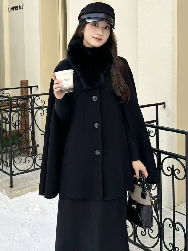 Γυναικείο παλτό μαλλιού με γιακά από γούνα αλεπούς, κάπα-παλτό, μονόχρωμο, 100% μαλλί, μεσαίου μήκους