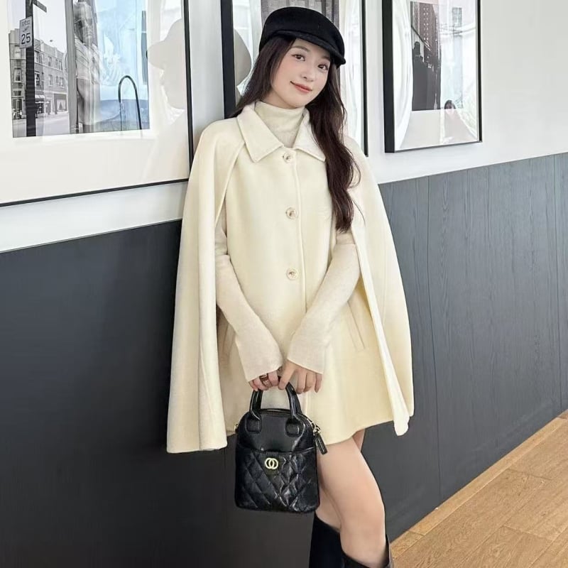 Γυναικείο παλτό μαλλιού με γιακά από γούνα αλεπούς, κάπα-παλτό, μονόχρωμο, 100% μαλλί, μεσαίου μήκους