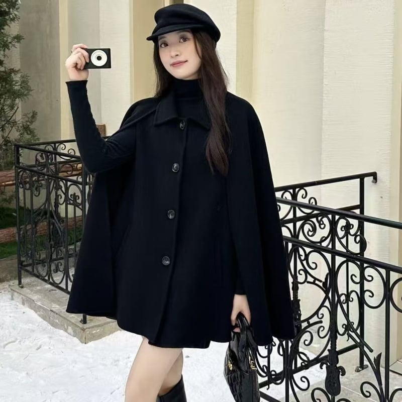 Γυναικείο παλτό μαλλιού με γιακά από γούνα αλεπούς, κάπα-παλτό, μονόχρωμο, 100% μαλλί, μεσαίου μήκους