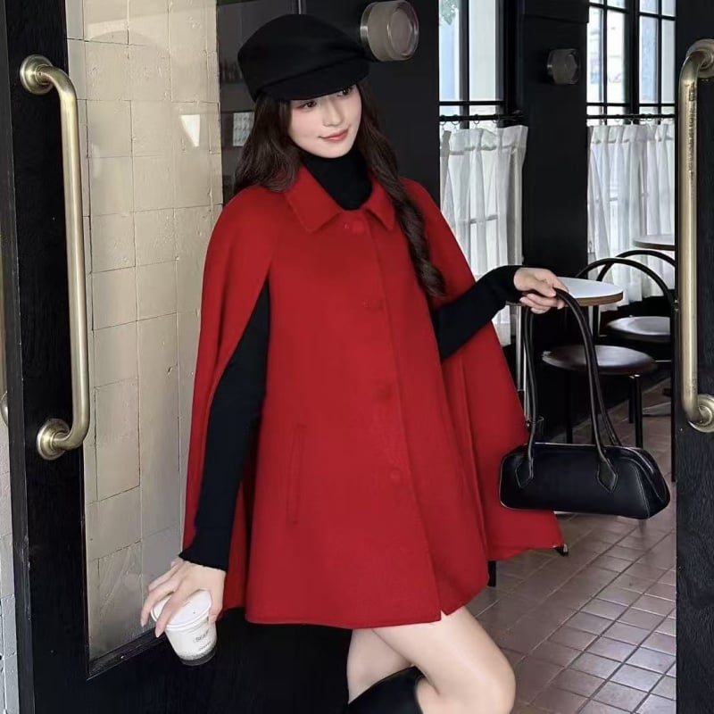 Γυναικείο παλτό μαλλιού με γιακά από γούνα αλεπούς, κάπα-παλτό, μονόχρωμο, 100% μαλλί, μεσαίου μήκους