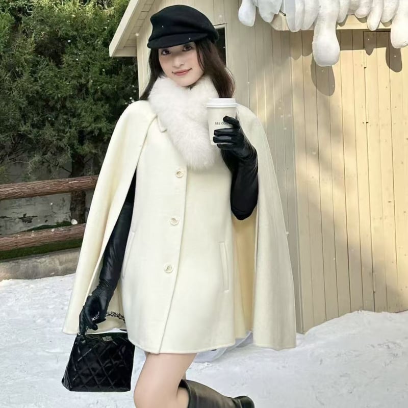 Γυναικείο παλτό μαλλιού με γιακά από γούνα αλεπούς, κάπα-παλτό, μονόχρωμο, 100% μαλλί, μεσαίου μήκους