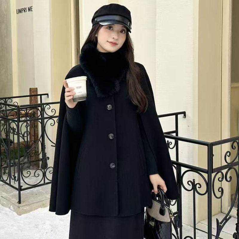 Γυναικείο παλτό μαλλιού με γιακά από γούνα αλεπούς, κάπα-παλτό, μονόχρωμο, 100% μαλλί, μεσαίου μήκους
