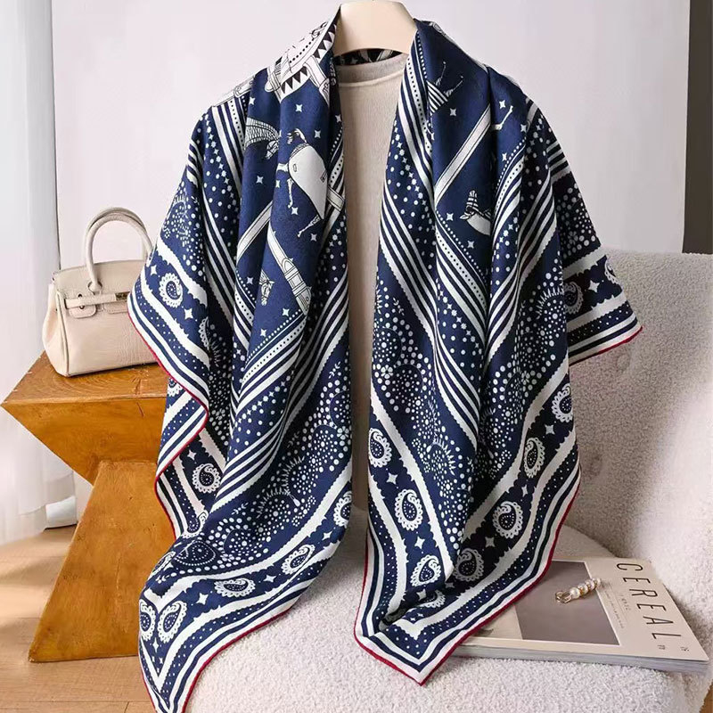 Kvadratni šal, dvostrani, mješavina svile i vune, vintage uzorak s orahovim cvijetom, twill pletenina, podrijetlo Hangzhou