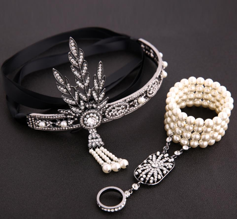 Ženska kruna za kosu, Gatsby stil, od legure, K9 čistoća, elektroplatina, bijeli kristali