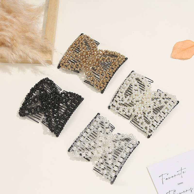 Spona za kosu od legure s perlama i pletenom mašnicom, elastični umetak, romboidni dizajn, tkanje — Xin aiduo