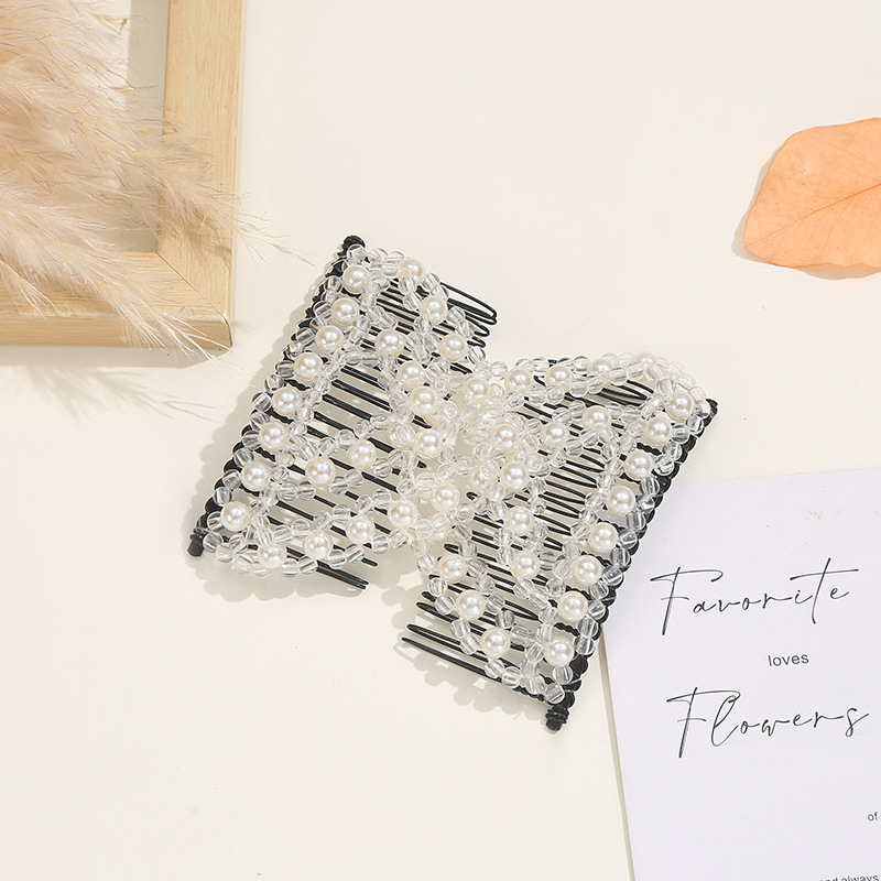 Spona za kosu od legure s perlama i pletenom mašnicom, elastični umetak, romboidni dizajn, tkanje — Xin aiduo