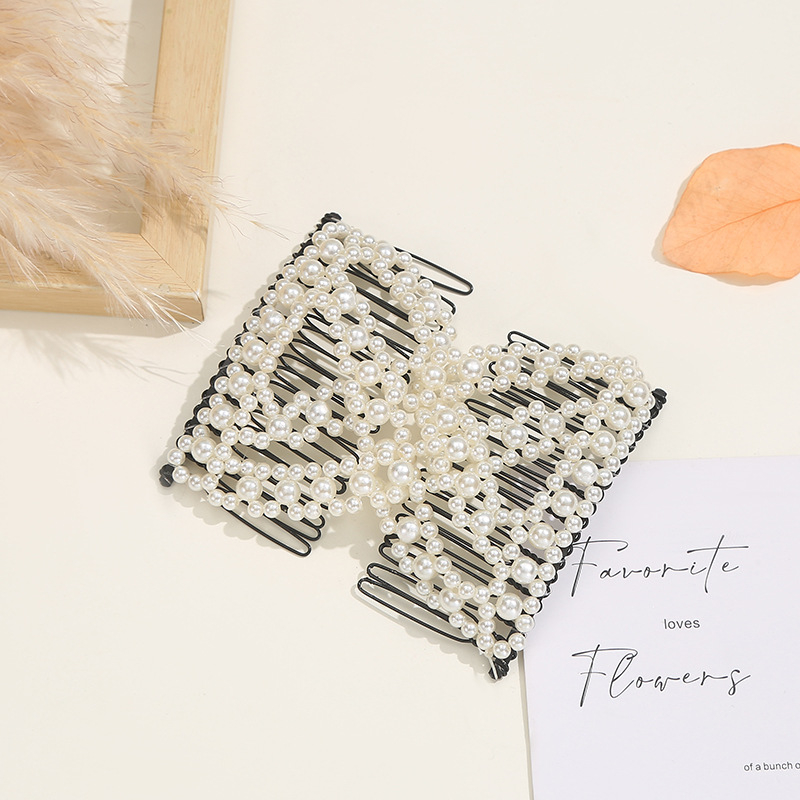 Spona za kosu od legure s perlama i pletenom mašnicom, elastični umetak, romboidni dizajn, tkanje — Xin aiduo