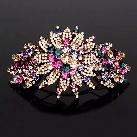 Štipaljka za kosu u korejskom stilu sa kristalima, cvjetni dizajn, čelični opružni klips