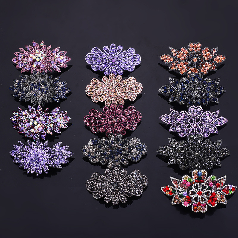 Štipaljka za kosu u korejskom stilu sa kristalima, cvjetni dizajn, čelični opružni klips