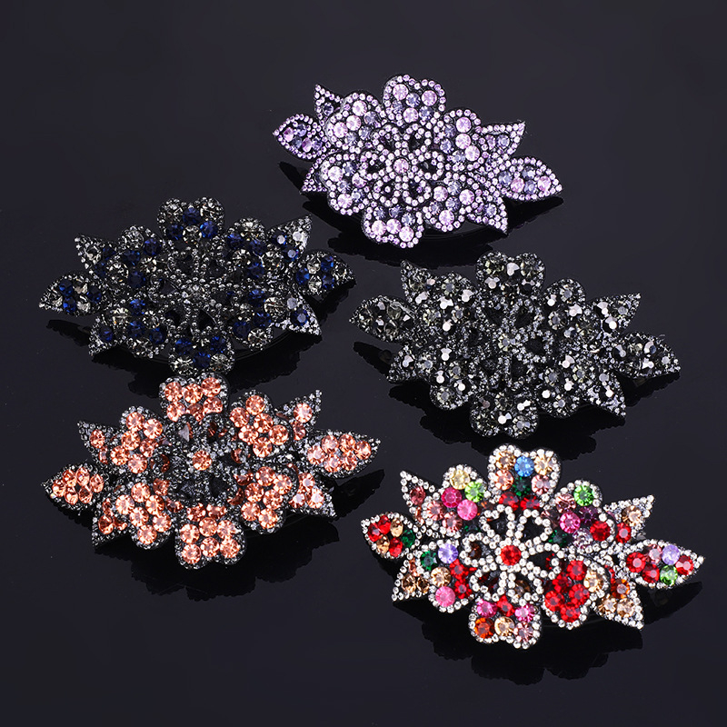 Štipaljka za kosu u korejskom stilu sa kristalima, cvjetni dizajn, čelični opružni klips