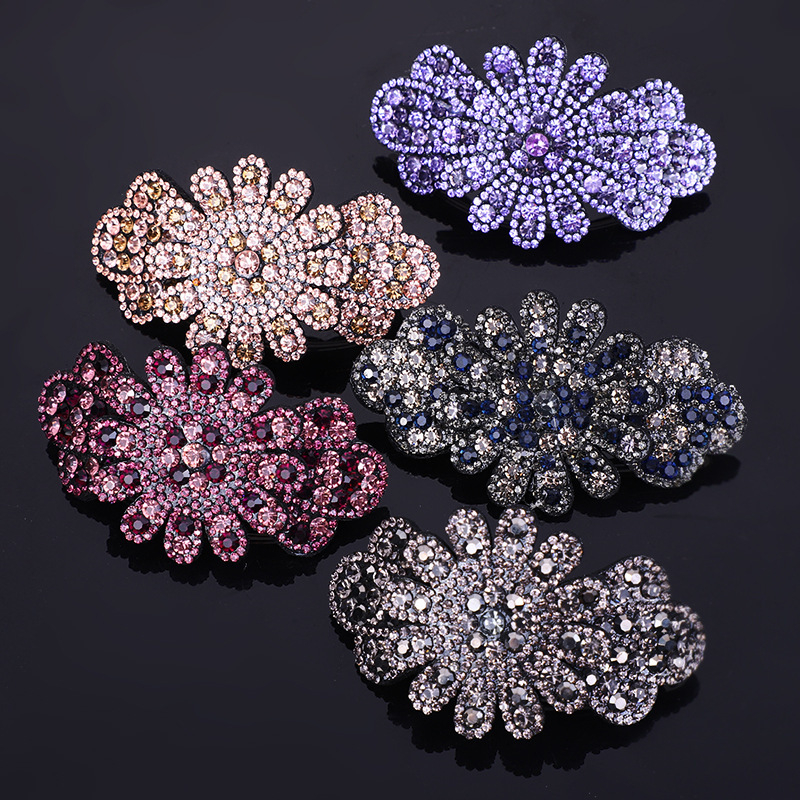 Štipaljka za kosu u korejskom stilu sa kristalima, cvjetni dizajn, čelični opružni klips