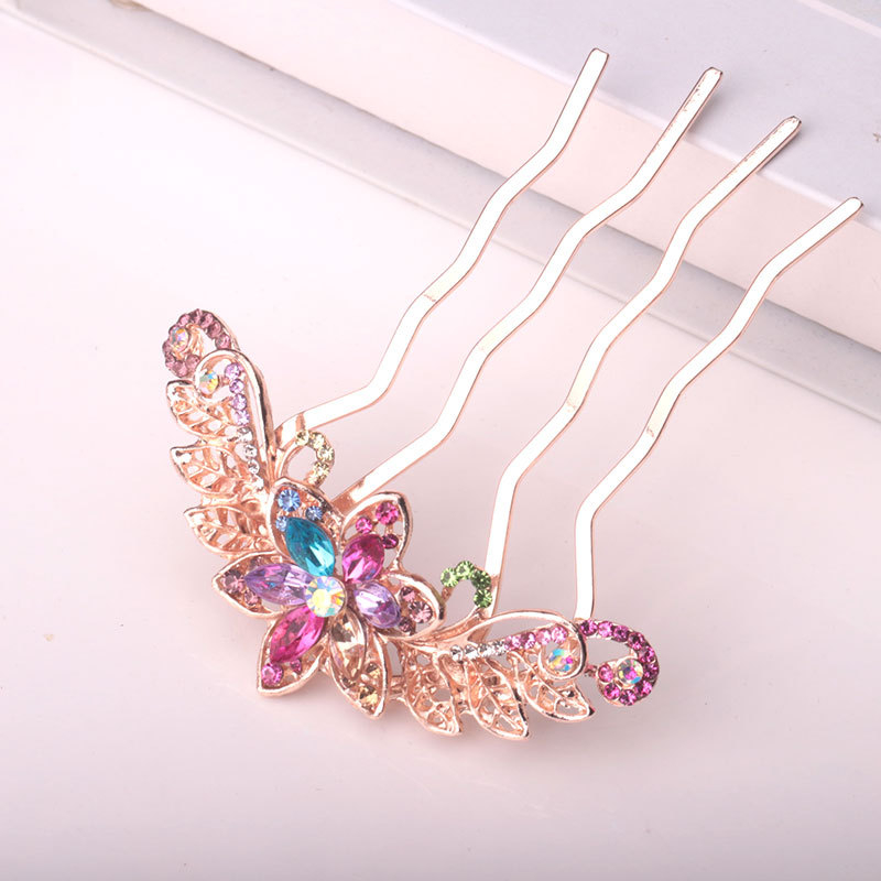 Korejas stila matu ķemme ar kristālu rhinestones ievietojumu, četrzobu, sakaļinājums, elektroapdare, personalizācija