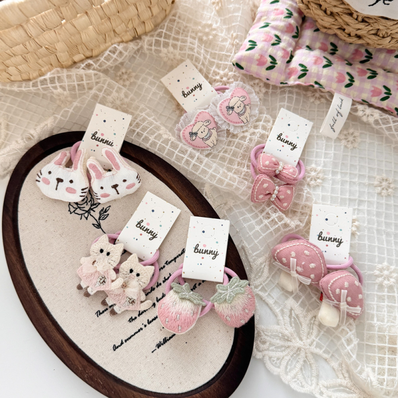 Plaukų aksesuaras – rankų darbo audinio kaspinas plaukams su elastine guma, Korejos stiliaus, aukšta elastingumas, raštai: braškė, grybas, ėriukas, kačiukas