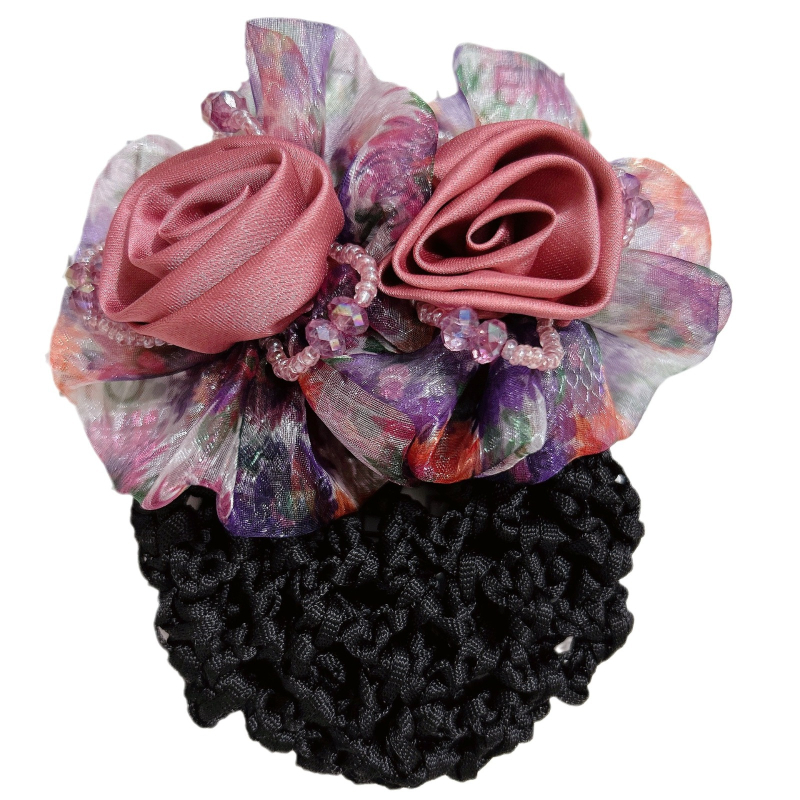 Evera Мрежеста украса за коса със пружинен клип – две рози, ръчно изработен платнен аксесоар за коса за жени, прост стил