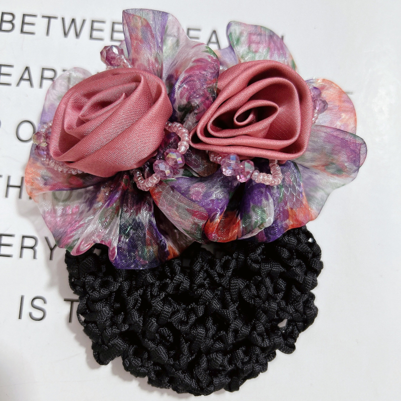 Evera Мрежеста украса за коса със пружинен клип – две рози, ръчно изработен платнен аксесоар за коса за жени, прост стил