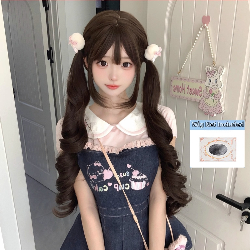 Lolita garā viļņota parūka ar divām astiņām, taisa priekšējā bangs, romiešu loki, augstas temperatūras šķiedras