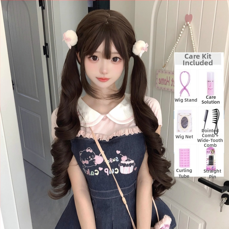 Lolita garā viļņota parūka ar divām astiņām, taisa priekšējā bangs, romiešu loki, augstas temperatūras šķiedras