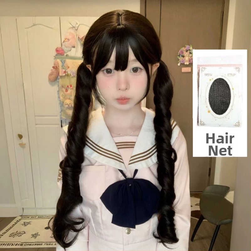 Lolita garā viļņota parūka ar divām astiņām, taisa priekšējā bangs, romiešu loki, augstas temperatūras šķiedras