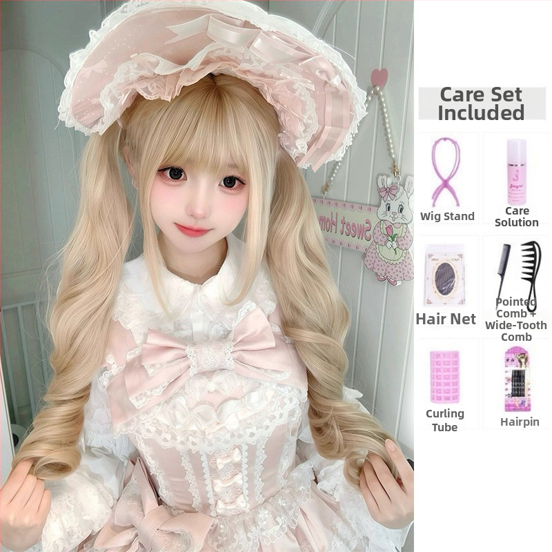 Lolita garā viļņota parūka ar divām astiņām, taisa priekšējā bangs, romiešu loki, augstas temperatūras šķiedras
