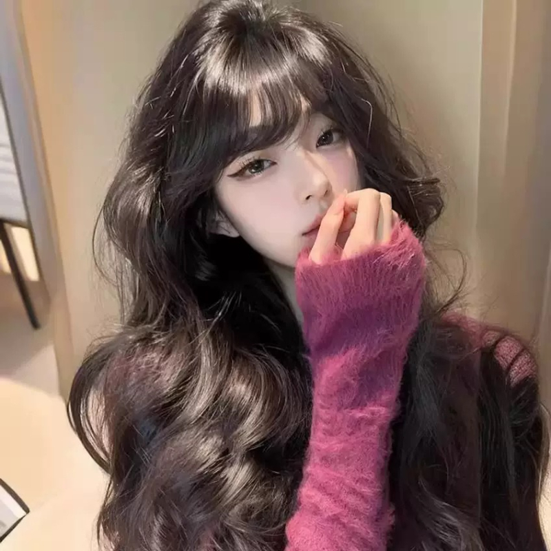 Perucă, păr lung buclat, breton, acoperire completă a capului, fibră rezistentă la temperaturi înalte