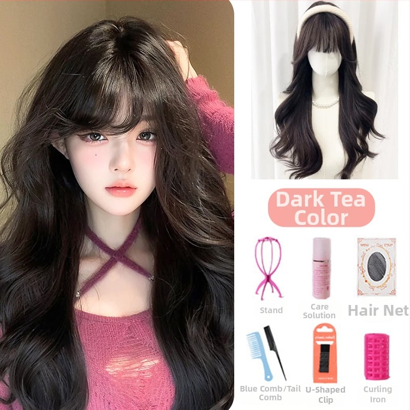 Perucă, păr lung buclat, breton, acoperire completă a capului, fibră rezistentă la temperaturi înalte