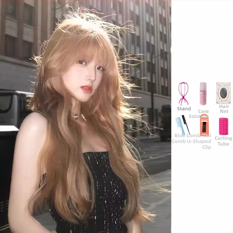 Perucă, păr lung buclat, breton, acoperire completă a capului, fibră rezistentă la temperaturi înalte
