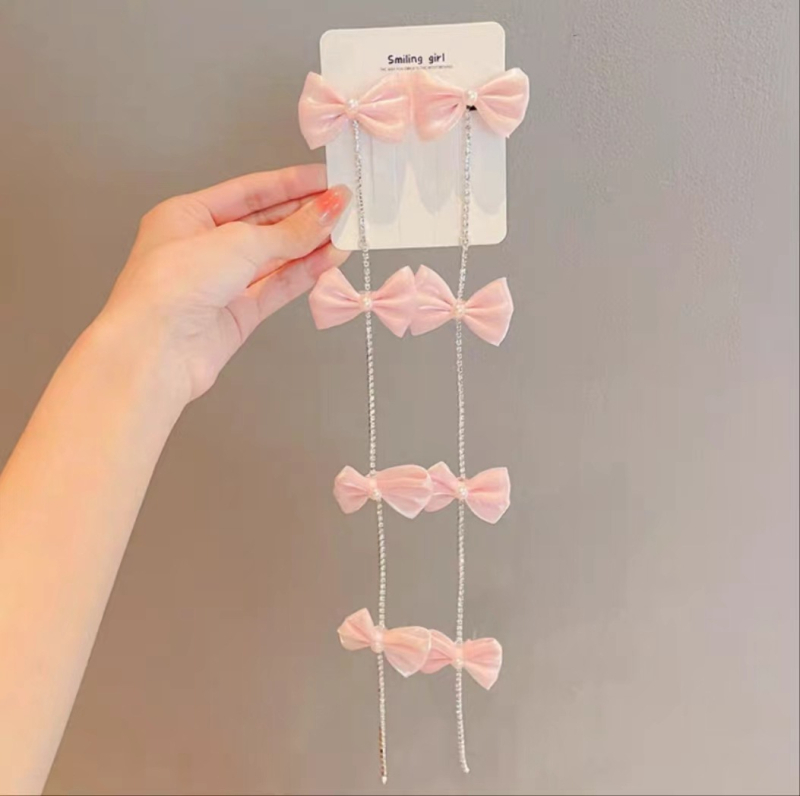 Dječji dodatak za kosu s perlama i pletenim lancem, mašnicom i resicama (Materijal: miješani materijali; Stil: sladak; za djecu; Obrada: ručno pleteno)