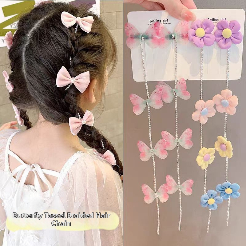 Detský doplnok do vlasov s perlami a pleteným reťazcom, mašličkou a strapcami (Materiál: zmes materiálov; Štýl: Rozkošný, pre deti; Spracovanie: ručne tkané)