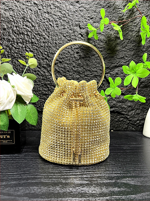 Moterų rhinestones bucket krepšys su apvalia forma, miesto minimalistinis stilius, poliesteris, PU vidinis pamušalas, uždarymas virvele