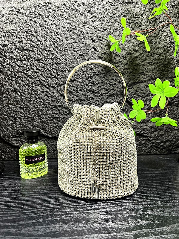 Moterų rhinestones bucket krepšys su apvalia forma, miesto minimalistinis stilius, poliesteris, PU vidinis pamušalas, uždarymas virvele