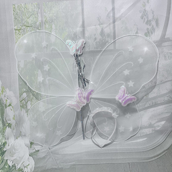 Set accesorii costuma pentru copii: aripi de fluture, baghetă magică pentru cap, jucărie zână cu flori (3 piese)