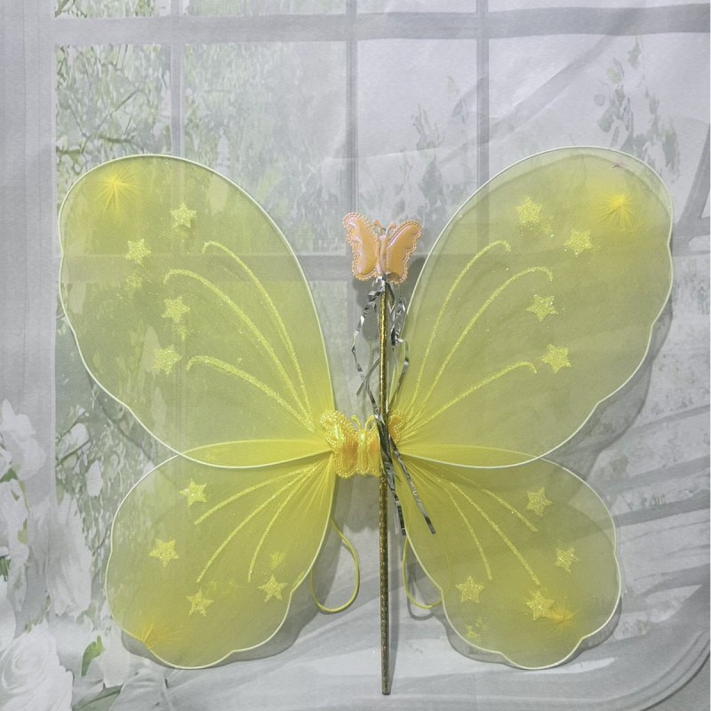 Set accesorii costuma pentru copii: aripi de fluture, baghetă magică pentru cap, jucărie zână cu flori (3 piese)