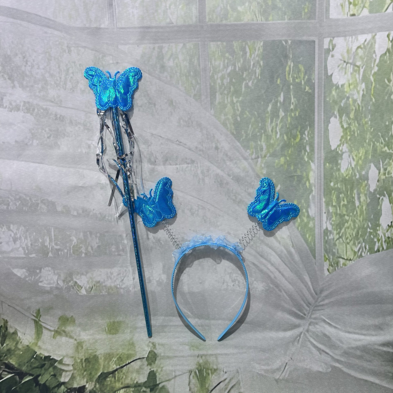 Set accesorii costuma pentru copii: aripi de fluture, baghetă magică pentru cap, jucărie zână cu flori (3 piese)