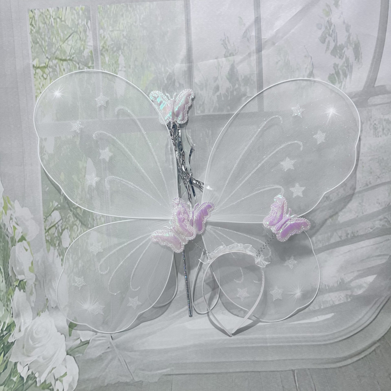 Set accesorii costuma pentru copii: aripi de fluture, baghetă magică pentru cap, jucărie zână cu flori (3 piese)