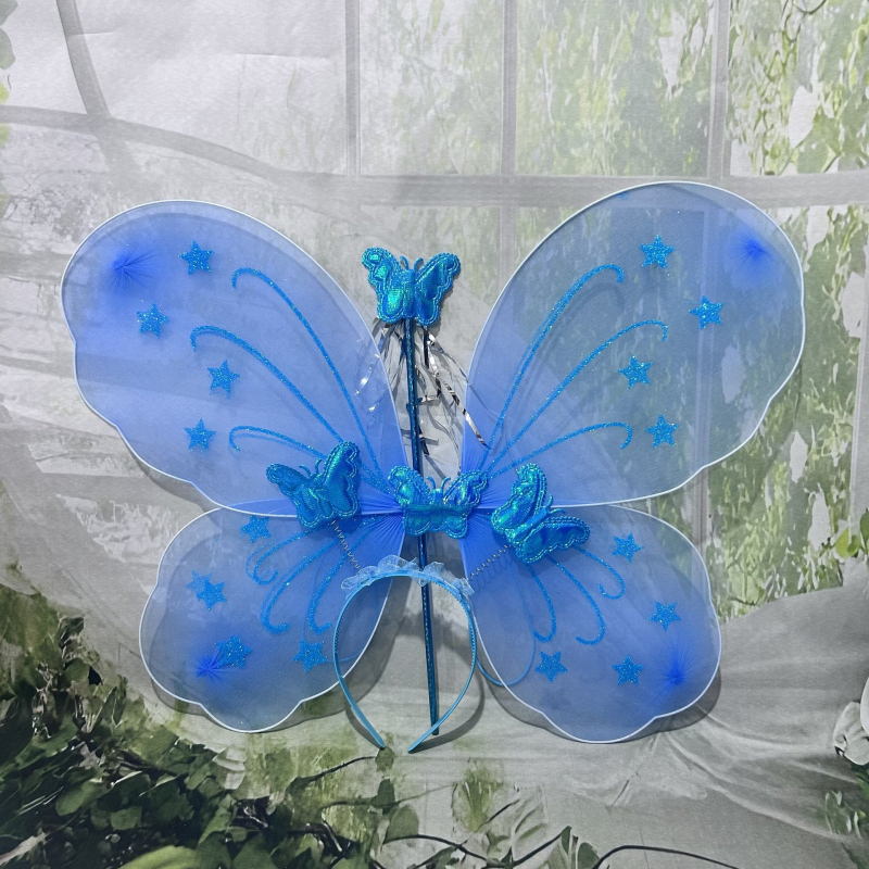 Set accesorii costuma pentru copii: aripi de fluture, baghetă magică pentru cap, jucărie zână cu flori (3 piese)