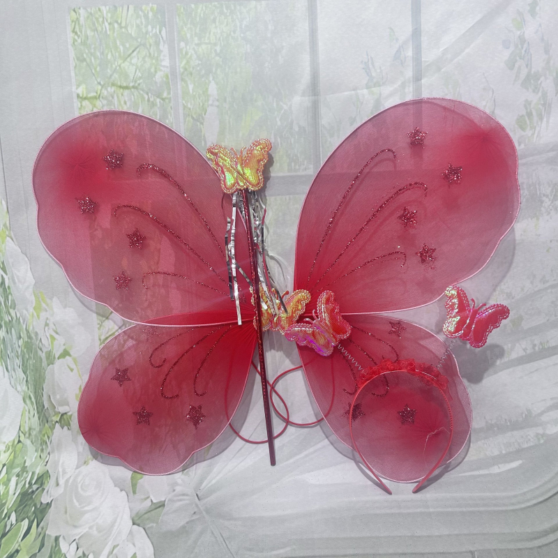 Set accesorii costuma pentru copii: aripi de fluture, baghetă magică pentru cap, jucărie zână cu flori (3 piese)