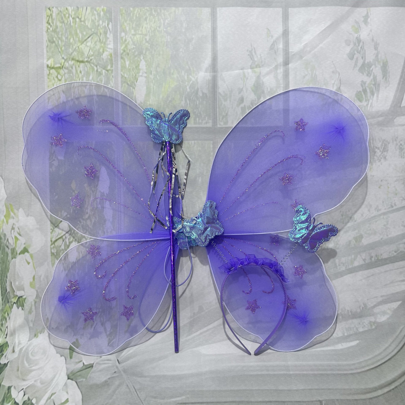 Set accesorii costuma pentru copii: aripi de fluture, baghetă magică pentru cap, jucărie zână cu flori (3 piese)