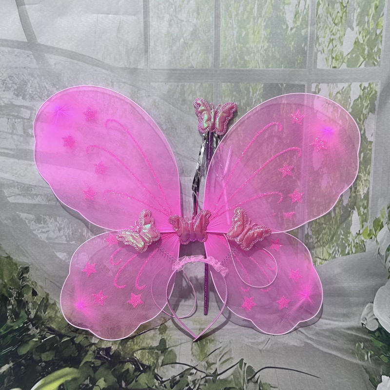 Set accesorii costuma pentru copii: aripi de fluture, baghetă magică pentru cap, jucărie zână cu flori (3 piese)