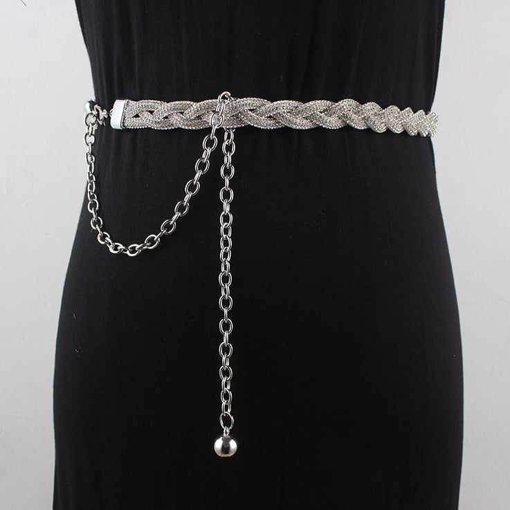 Korejski stil kaiš za struk lančasti pojas s rhinestones ukrasom, metalni materijal, kopča od legure, zatvarač s iglom, proljeće 2025, podrijetlo Guangzhou
