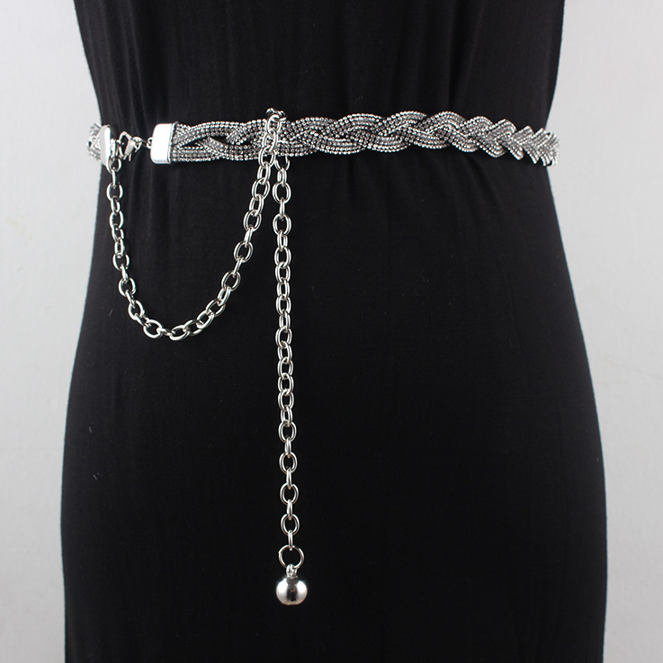 Korejski stil kaiš za struk lančasti pojas s rhinestones ukrasom, metalni materijal, kopča od legure, zatvarač s iglom, proljeće 2025, podrijetlo Guangzhou