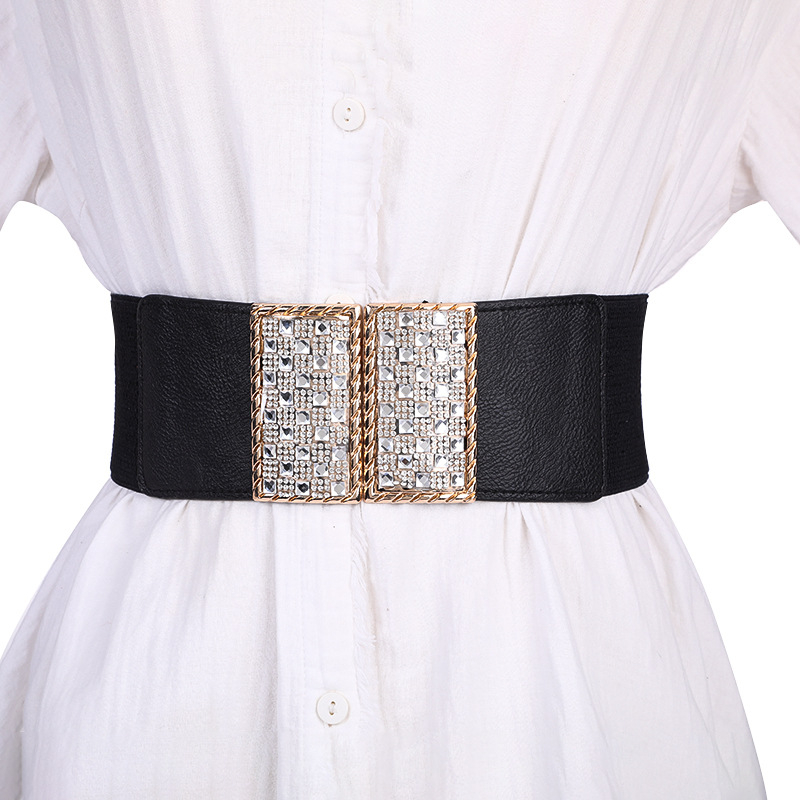 Centură de talie elastică, lată, pentru femei, stil coreean, decorativă, metal, buclă simplă, stil business