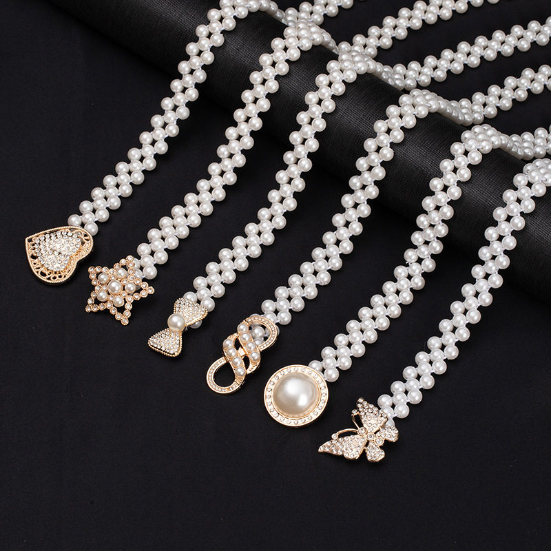 Elegantni pojas za struk s perlama i rhinestones, metalno tijelo, kopča od legure, elastični pojas, tanak širine <2 cm, elektroplatiranje i ručno pletenje