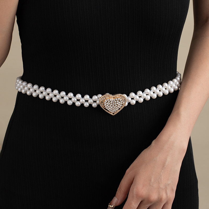 Elegantni pojas za struk s perlama i rhinestones, metalno tijelo, kopča od legure, elastični pojas, tanak širine <2 cm, elektroplatiranje i ručno pletenje