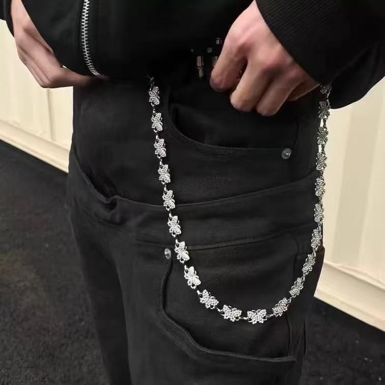 Pojasni lanac s motivom četiri lista, rhinestones leptira i ledenog cvijeta; metalni materijal; elegantan stil; unisex; proljeće 2025 izlazak