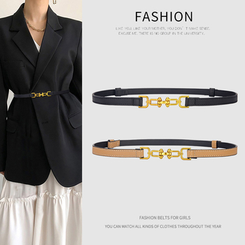 Ženski uski kožni kaiš za struk s dvostrukim slojem kože, kopča od legure, kopčanje kukom, širina < 2 cm